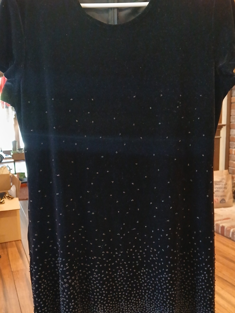 Women's Black Velvet Short-Sleeve DRESS  with Beaded Ombre